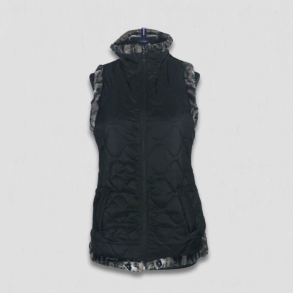 Vintage Y2K reversible Vest Animal Print Faux Fur Cinch Quilted Black/Brown L - Picture 2 of 14